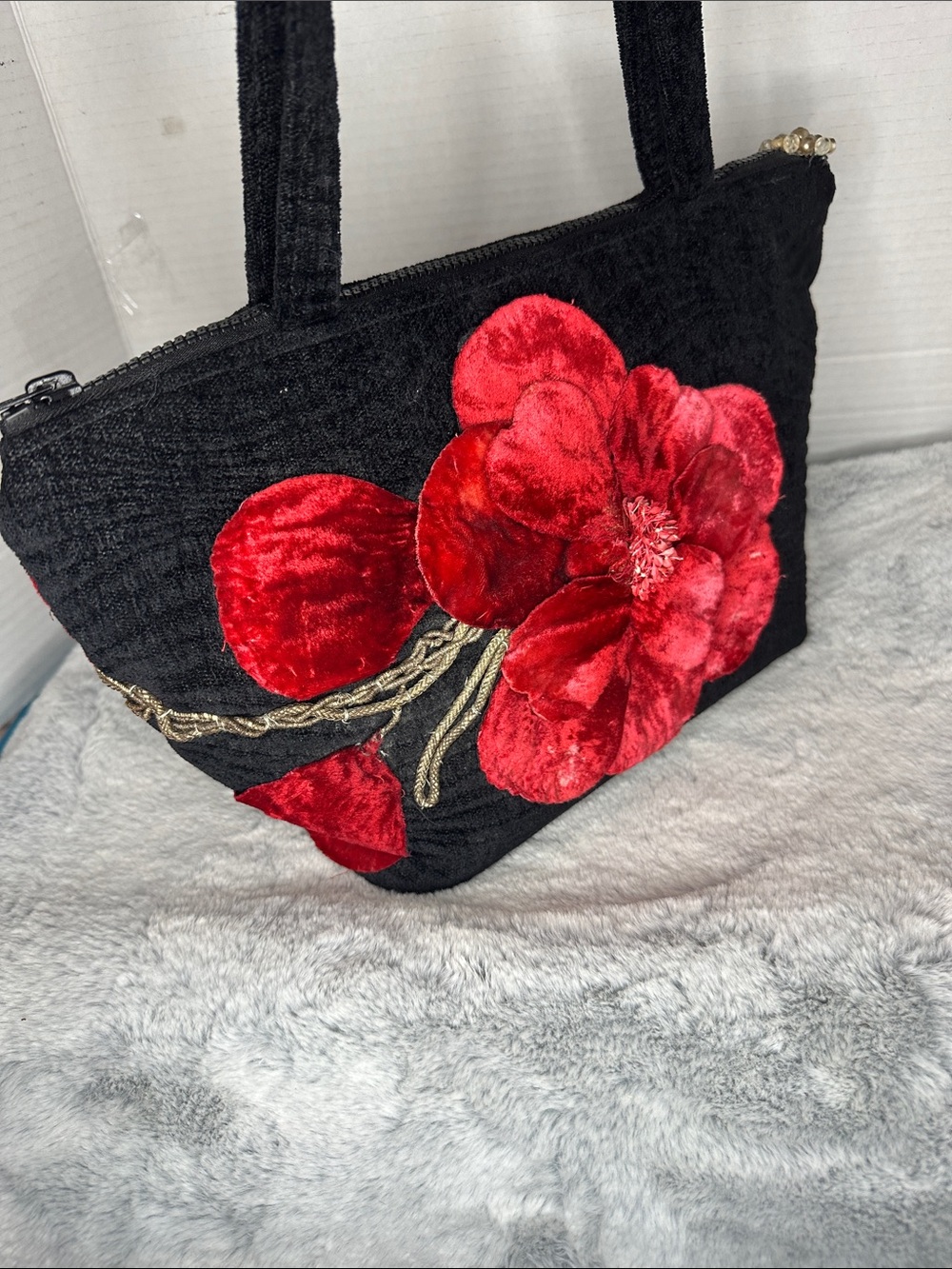 Bonnie Martin Vintage Black Velvet Poppy Flower Shoulder Tote Bag Wearable Art - Picture 8 of 10